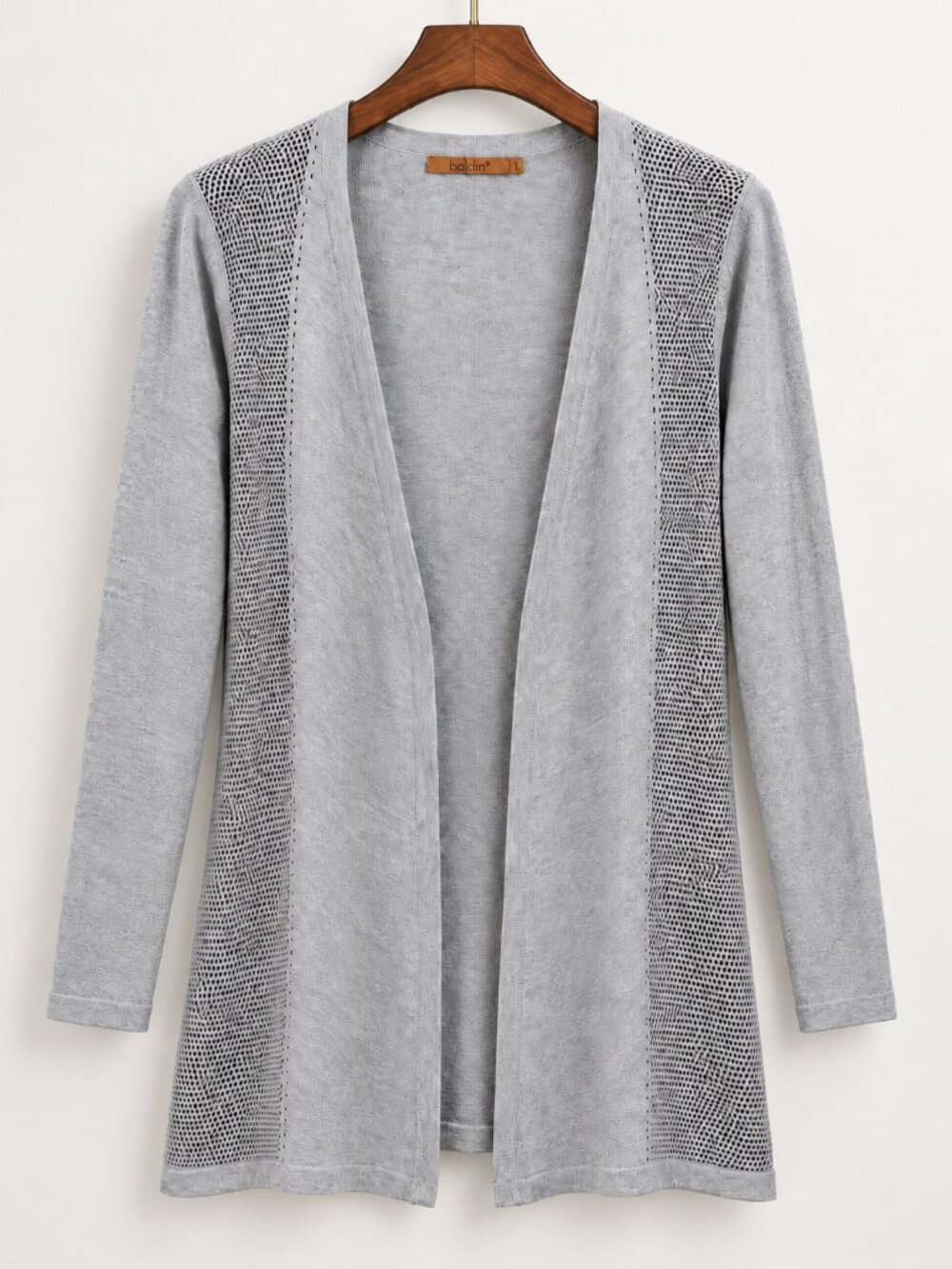 Cotton Viscose Mesh Panel Gray Open Front Cardigan L Longline Relax